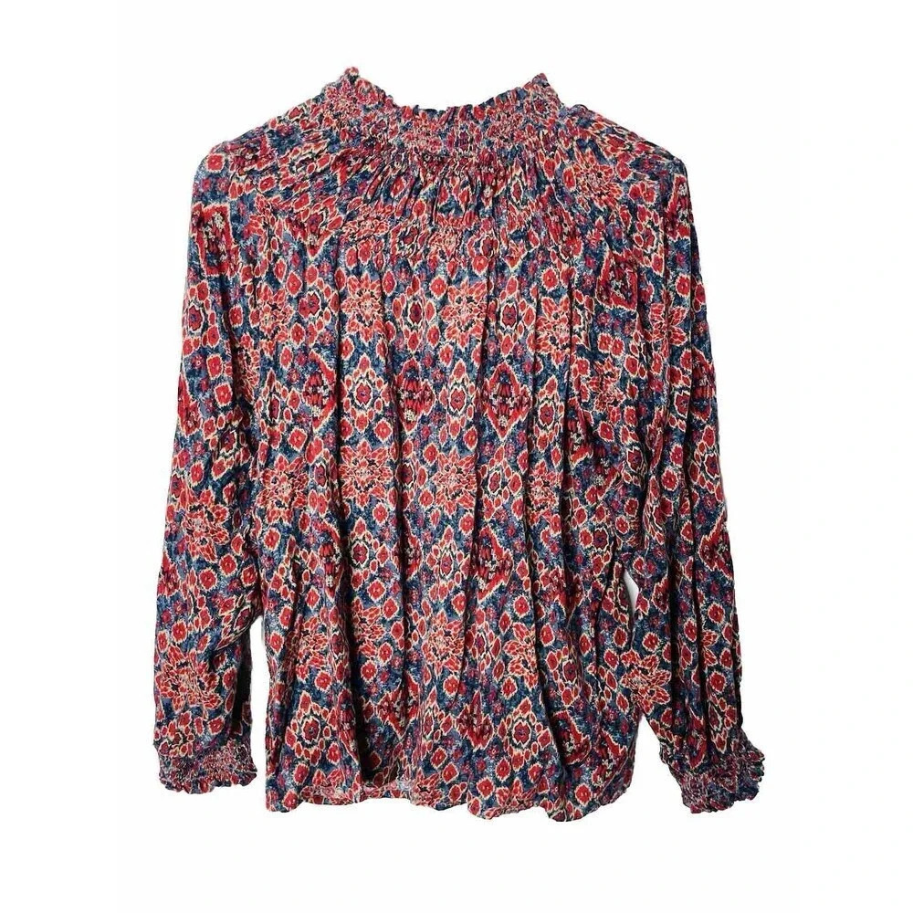 Beach Lunch Lounge Peasant Top XS Kaleidoscope Floral Flowy Boho Smocked Woven